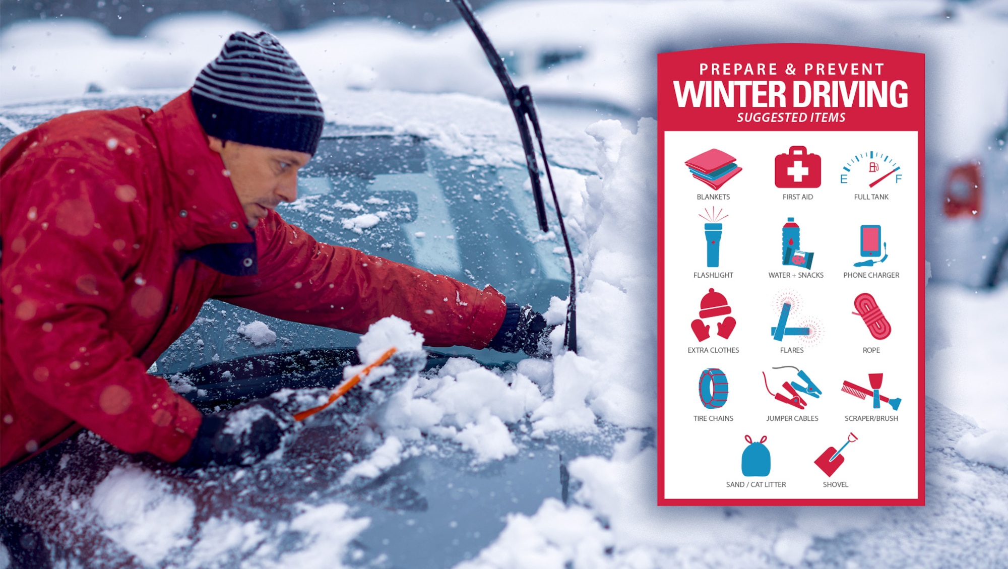 A man wearing a red coat a knit hat scrapes ice fron the car windscield.
