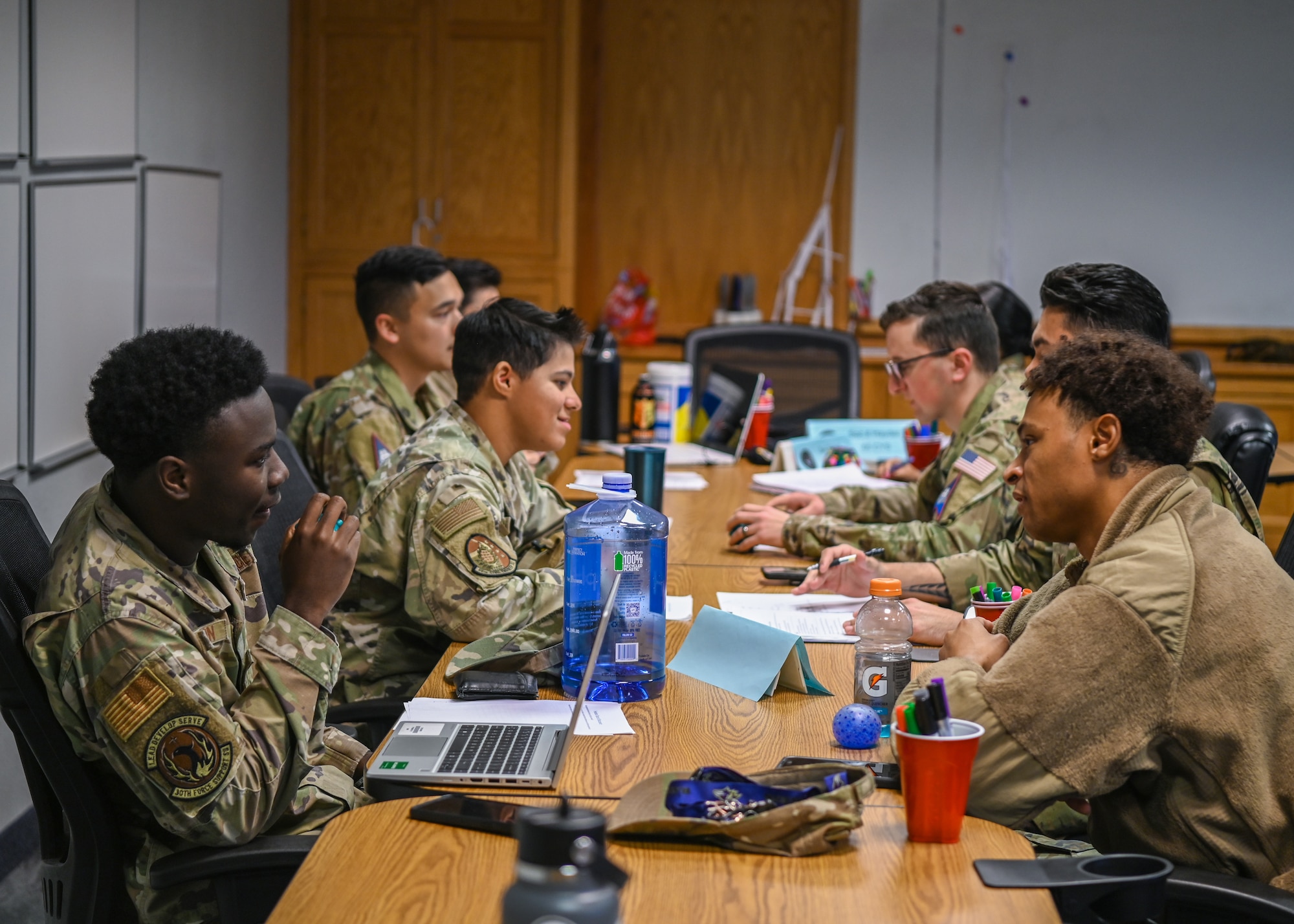 Students from the Vandenberg SFB Airman Leadership School give individual feedback on leadership skills at Vandenberg Space Force Base.