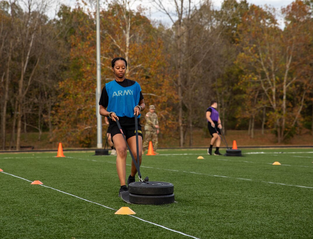 U.S. Army National Guard Spc. Kalylah Ralston, a unit Supply Specialist representing Company B 351st Aviation Support Battalion, 63rd Theater Aviation Brigade, participates in the sprint-drag-carry during the 2025 Kentucky Best Warrior Competition held at Wendell H. Ford Regional Training Center in Greenville, Kentucky, Nov. 3, 2024. This competition showcases the adaptiveness, resilience, and lethality of our forces, affirming the readiness of National Guard citizen-Soldiers to meet the nation’s challenges.