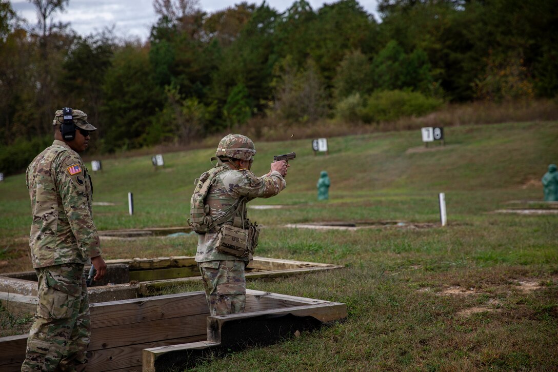 U.S. Army National Guard Sgt. Romel Mendoza, geospatial engineer representing the Headquarters and Headquarters Battery, 138th Field Artillery Brigade engages a target with the M17 pistol during the 2025 Kentucky Best Warrior Competition held at Wendell H. Ford Regional Training Center in Greenville, Kentucky, Nov. 5, 2024. This competition showcases the adaptiveness, resilience, and lethality of our forces, affirming the readiness of National Guard citizen-Soldiers to meet the nation’s challenges.