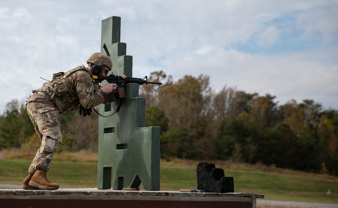 U.S. Army National Guard Staff Sgt. Brandon Ferguson, a chemical, biological, radiological, nuclear specialist representing the Recruiting and Retention Battalion Detachment 1, participates in the stress shoot event during the 2025 Kentucky Best Warrior Competition held at Wendell H. Ford Regional Training Center in Greenville, Kentucky, Nov. 4, 2024. This competition showcases the adaptiveness, resilience, and lethality of our forces, affirming the readiness of National Guard citizen-Soldiers to meet the nation’s challenges.