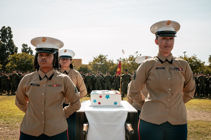 U.S. Marines with Headquarters and Service Battalion participate in a cake cutting ceremony at Marine Corps Recruit Depot San Diego, California, Nov. 6, 2024. The annual cake cutting ceremony is a long-standing tradition that celebrates the establishment of the United States Marine Corps. The Marine Corps birthday, on Nov. 10, 1775, is celebrated every year to commemorate the birth of the Corps and honor the service of all Marines, past and present. (U.S. Marine Corps photo by Cpl. Sarah M. Grawcock)