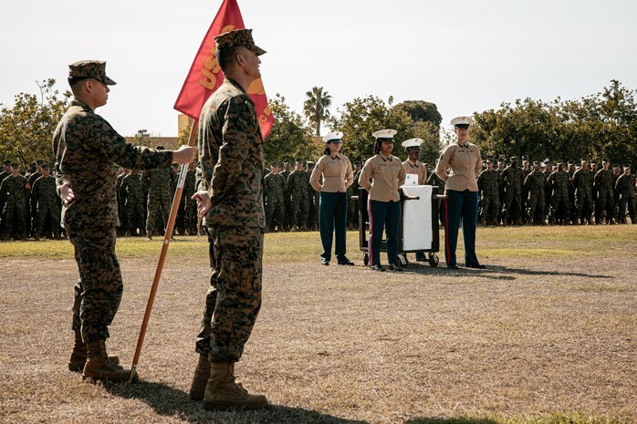 U.S. Marines with Headquarters and Service Battalion participate in a cake cutting ceremony at Marine Corps Recruit Depot San Diego, California, Nov. 6, 2024. The annual cake cutting ceremony is a long-standing tradition that celebrates the establishment of the United States Marine Corps. The Marine Corps birthday, on Nov. 10, 1775, is celebrated every year to commemorate the birth of the Corps and honor the service of all Marines, past and present. (U.S. Marine Corps photo by Cpl. Sarah M. Grawcock)