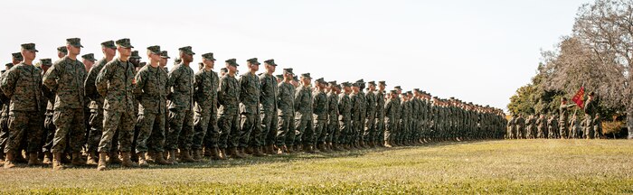 U.S. Marines with Hotel Company, 2nd Recruit Training Battalion, participate in a cake cutting ceremony at Marine Corps Recruit Depot San Diego, California, Nov. 6, 2024. The annual cake cutting ceremony is a long-standing tradition that celebrates the establishment of the United States Marine Corps. The Marine Corps birthday, on Nov. 10, 1775, is celebrated every year to commemorate the birth of the Corps and honor the service of all Marines, past and present. (U.S. Marine Corps photo by Cpl. Sarah M. Grawcock)