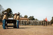 U.S. Marines with Headquarters and Service Battalion participate in a cake cutting ceremony at Marine Corps Recruit Depot San Diego, California, Nov. 6, 2024. The annual cake cutting ceremony is a long-standing tradition that celebrates the establishment of the United States Marine Corps. The Marine Corps birthday, on Nov. 10, 1775, is celebrated every year to commemorate the birth of the Corps and honor the service of all Marines, past and present. (U.S. Marine Corps photo by Cpl. Sarah M. Grawcock)