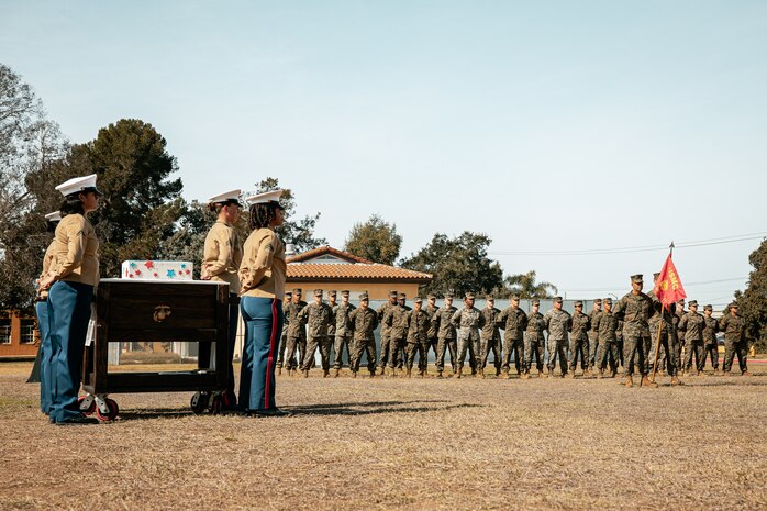 U.S. Marines with Headquarters and Service Battalion participate in a cake cutting ceremony at Marine Corps Recruit Depot San Diego, California, Nov. 6, 2024. The annual cake cutting ceremony is a long-standing tradition that celebrates the establishment of the United States Marine Corps. The Marine Corps birthday, on Nov. 10, 1775, is celebrated every year to commemorate the birth of the Corps and honor the service of all Marines, past and present. (U.S. Marine Corps photo by Cpl. Sarah M. Grawcock)