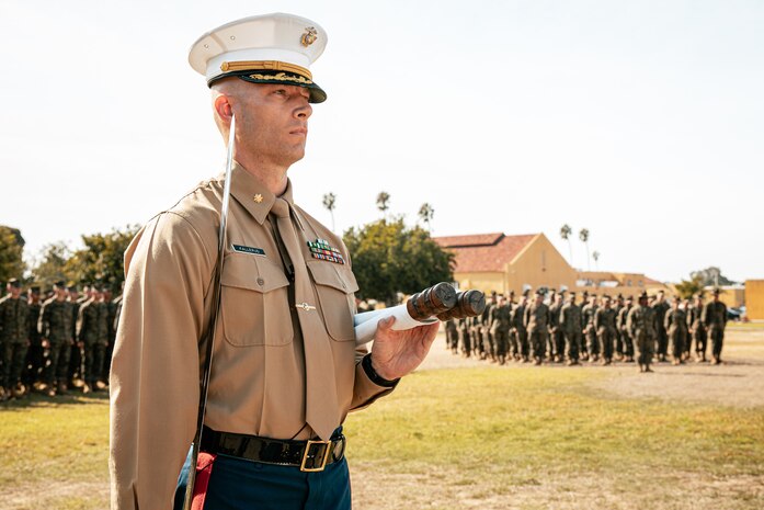 U.S. Marine Corps Maj. Joshua Kallerud, the operations officer with Headquarters and Service Battalion, participates in a cake cutting ceremony at Marine Corps Recruit Depot San Diego, California, Nov. 6, 2024. The annual cake cutting ceremony is a long-standing tradition that celebrates the establishment of the United States Marine Corps. The Marine Corps birthday, on Nov. 10, 1775, is celebrated every year to commemorate the birth of the Corps and honor the service of all Marines, past and present. (U.S. Marine Corps photo by Cpl. Sarah M. Grawcock)