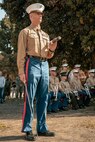 U.S. Marine Corps Maj. Joshua Kallerud, the operations officer with Headquarters and Service Battalion, participates in a cake cutting ceremony at Marine Corps Recruit Depot San Diego, California, Nov. 6, 2024. The annual cake cutting ceremony is a long-standing tradition that celebrates the establishment of the United States Marine Corps. The Marine Corps birthday, on Nov. 10, 1775, is celebrated every year to commemorate the birth of the Corps and honor the service of all Marines, past and present. (U.S. Marine Corps photo by Cpl. Sarah M. Grawcock)