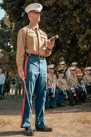 U.S. Marine Corps Maj. Joshua Kallerud, the operations officer with Headquarters and Service Battalion, participates in a cake cutting ceremony at Marine Corps Recruit Depot San Diego, California, Nov. 6, 2024. The annual cake cutting ceremony is a long-standing tradition that celebrates the establishment of the United States Marine Corps. The Marine Corps birthday, on Nov. 10, 1775, is celebrated every year to commemorate the birth of the Corps and honor the service of all Marines, past and present. (U.S. Marine Corps photo by Cpl. Sarah M. Grawcock)