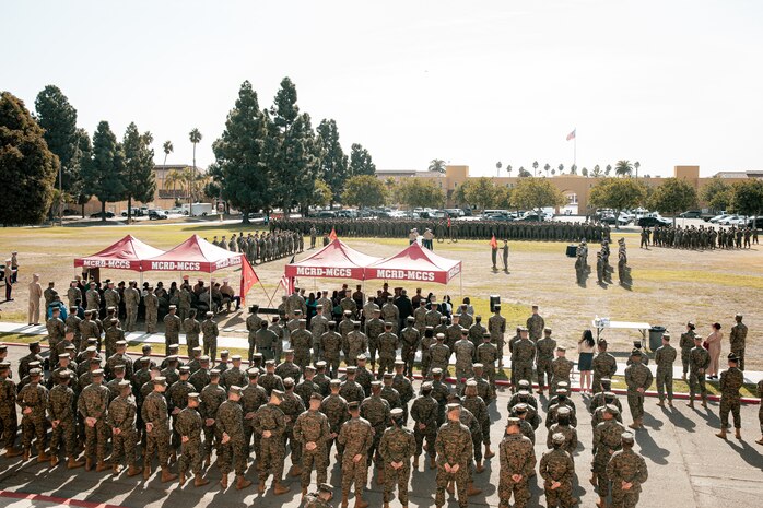 U.S. Marines with Marine Corps Recruit Depot San Diego, participate in a cake cutting ceremony at MCRD San Diego California, Nov. 6, 2024. The annual cake cutting ceremony is a long-standing tradition that celebrates the establishment of the United States Marine Corps. The Marine Corps birthday, on Nov. 10, 1775, is celebrated every year to commemorate the birth of the Corps and honor the service of all Marines, past and present. (U.S. Marine Corps photo by Cpl. Sarah M. Grawcock)