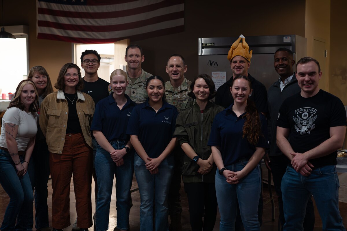 The Student Thanksgiving serving staff stand for a group photo at the Crossroads Student Ministry Center, Goodfellow Air Force Base, Texas, Nov. 22, 2024. The serving staff was made up of the Chapel team, base leadership and San Angelo community members who wanted to give back to the students with a chance to bond with their friends and teammates over Thanksgiving food. (U.S. Air Force photo by Airman 1st Class Brian Lummus)