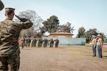 The Commanding Officer of Headquarters and Service Battalion, Marine Corps Recruit Depot San Diego, U.S. Marine Corps Col. Jason Freeby, far right, and the Sergeant Major of Headquarters and Service Battalion, Sgt. Maj. Thomas A. Bachman, front right, salute during a cake cutting ceremony at MCRD San Diego California, Nov. 6, 2024. The annual cake cutting ceremony is a long-standing tradition that celebrates the establishment of the United States Marine Corps. The Marine Corps birthday, on Nov. 10, 1775, is celebrated every year to commemorate the birth of the Corps and honor the service of all Marines, past and present. (U.S. Marine Corps photo by Cpl. Sarah M. Grawcock)
