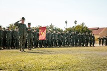 U.S. Marines with Hotel Company, 2nd Recruit Training Battalion, salute during a cake cutting ceremony at Marine Corps Recruit Depot San Diego, California, Nov. 6, 2024. The annual cake cutting ceremony is a long-standing tradition that celebrates the establishment of the United States Marine Corps. The Marine Corps birthday, on Nov. 10, 1775, is celebrated every year to commemorate the birth of the Corps and honor the service of all Marines, past and present. (U.S. Marine Corps photo by Cpl. Sarah M. Grawcock)