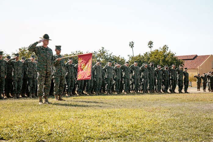 U.S. Marines with Hotel Company, 2nd Recruit Training Battalion, salute during a cake cutting ceremony at Marine Corps Recruit Depot San Diego, California, Nov. 6, 2024. The annual cake cutting ceremony is a long-standing tradition that celebrates the establishment of the United States Marine Corps. The Marine Corps birthday, on Nov. 10, 1775, is celebrated every year to commemorate the birth of the Corps and honor the service of all Marines, past and present. (U.S. Marine Corps photo by Cpl. Sarah M. Grawcock)