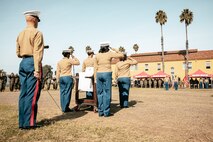 U.S. Marines with Headquarters and Service Battalion participate in a cake cutting ceremony at Marine Corps Recruit Depot San Diego, California, Nov. 6, 2024. The annual cake cutting ceremony is a long-standing tradition that celebrates the establishment of the United States Marine Corps. The Marine Corps birthday, on Nov. 10, 1775, is celebrated every year to commemorate the birth of the Corps and honor the service of all Marines, past and present. (U.S. Marine Corps photo by Cpl. Sarah M. Grawcock)