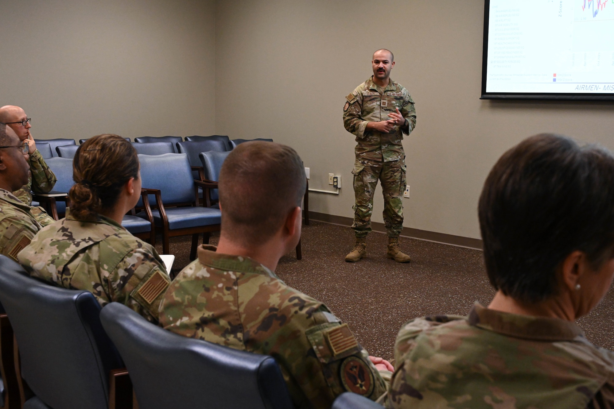 U.S. Air Force Capt. Chase Leavy, 97th Operational Support Team (OST) physical therapist, briefs medical leadership from Air Education and Training Command at Altus Air Force Base, Oklahoma, Nov. 20, 2024. OST is a prevention-based program implemented to take a proactive approach to wellness. (U.S. Air Force photo by Senior Airman Miyah Gray)