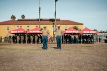 The Commanding Officer of Headquarters and Service Battalion, Marine Corps Recruit Depot San Diego, U.S. Marine Corps Col. Jason Freeby, far right, and the Sergeant Major of Headquarters and Service Battalion, Sgt. Maj. Thomas A. Bachman, front right, salute during a cake cutting ceremony at MCRD San Diego California, Nov. 6, 2024. The annual cake cutting ceremony is a long-standing tradition that celebrates the establishment of the United States Marine Corps. The Marine Corps birthday, on Nov. 10, 1775, is celebrated every year to commemorate the birth of the Corps and honor the service of all Marines, past and present. (U.S. Marine Corps photo by Cpl. Sarah M. Grawcock)
