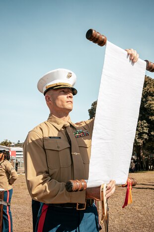 U.S. Marine Corps Maj. Joshua Kallerud, the operations officer with Headquarters and Service Battalion, reads Lt. Gen. John A Lejeune’s birthday message during a cake cutting ceremony at Marine Corps Recruit Depot San Diego, California, Nov. 6, 2024. The annual cake cutting ceremony is a long-standing tradition that celebrates the establishment of the United States Marine Corps. The Marine Corps birthday, on Nov. 10, 1775, is celebrated every year to commemorate the birth of the Corps and honor the service of all Marines, past and present. (U.S. Marine Corps photo by Cpl. Sarah M. Grawcock)