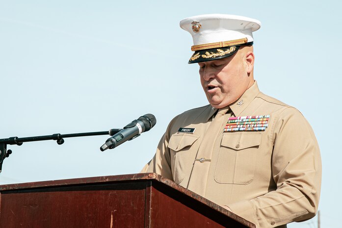 The Commanding Officer of Headquarters and Service Battalion, Marine Corps Recruit Depot San Diego, U.S. Marine Corps Col. Jason Freeby, participates in a cake cutting ceremony at MCRD San Diego California, Nov. 6, 2024. The annual cake cutting ceremony is a long-standing tradition that celebrates the establishment of the United States Marine Corps. The Marine Corps birthday, on Nov. 10, 1775, is celebrated every year to commemorate the birth of the Corps and honor the service of all Marines, past and present. (U.S. Marine Corps photo by Cpl. Sarah M. Grawcock)