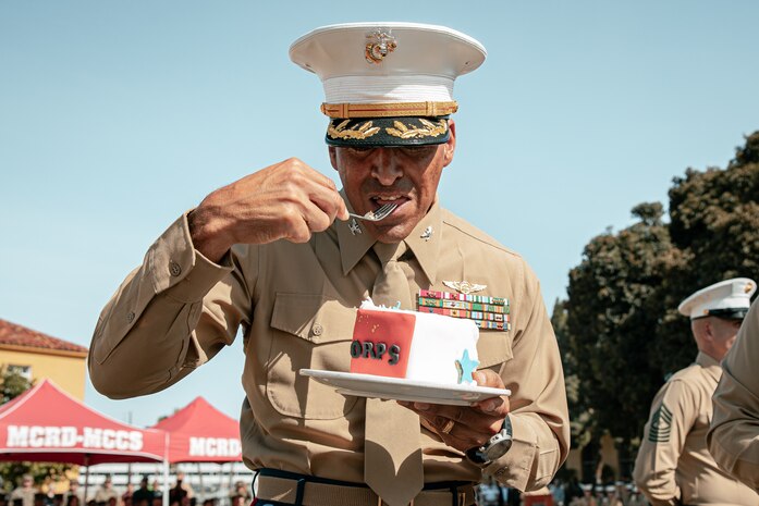 The Assistant Chief of Staff, Depot Inspector of Headquarters and Service Battalion, Marine Corps Recruit Depot San Diego, U.S. Marine Corps Col. David Arenas, participates in a cake cutting ceremony at MCRD San Diego, California, Nov. 6, 2024. Arenas enlisted February of 1992 and commissioned in April of 2000. The annual cake cutting ceremony is a long-standing tradition that celebrates the establishment of the United States Marine Corps. The Marine Corps birthday, on Nov. 10, 1775, is celebrated every year to commemorate the birth of the Corps and honor the service of all Marines, past and present. (U.S. Marine Corps photo by Cpl. Sarah M. Grawcock)