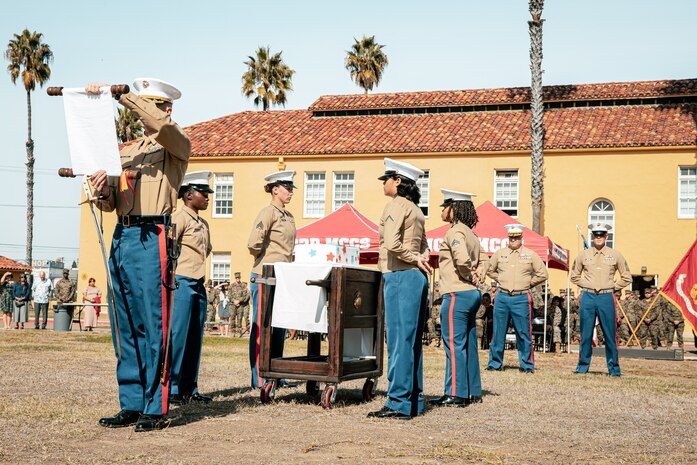 U.S. Marine Corps Maj. Joshua Kallerud, the operations officer with Headquarters and Service Battalion, reads Lt. Gen. John A Lejeune’s birthday message during a cake cutting ceremony at Marine Corps Recruit Depot San Diego, California, Nov. 6, 2024. The annual cake cutting ceremony is a long-standing tradition that celebrates the establishment of the United States Marine Corps. The Marine Corps birthday, on Nov. 10, 1775, is celebrated every year to commemorate the birth of the Corps and honor the service of all Marines, past and present. (U.S. Marine Corps photo by Cpl. Sarah M. Grawcock)