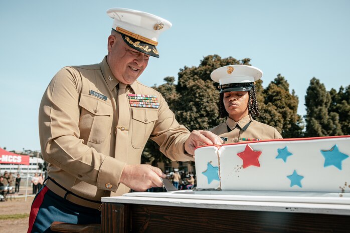 The Commanding Officer of Headquarters and Service Battalion, Marine Corps Recruit Depot San Diego, U.S. Marine Corps Col. Jason Freeby, participates in a cake cutting ceremony at MCRD San Diego California, Nov. 6, 2024. The annual cake cutting ceremony is a long-standing tradition that celebrates the establishment of the United States Marine Corps. The Marine Corps birthday, on Nov. 10, 1775, is celebrated every year to commemorate the birth of the Corps and honor the service of all Marines, past and present. (U.S. Marine Corps photo by Cpl. Sarah M. Grawcock)