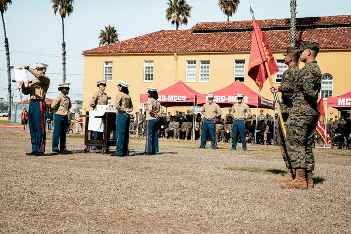 U.S. Marine Corps Maj. Joshua Kallerud, the operations officer with Headquarters and Service Battalion, reads Lt. Gen. John A Lejeune’s birthday message during a cake cutting ceremony at Marine Corps Recruit Depot San Diego, California, Nov. 6, 2024. The annual cake cutting ceremony is a long-standing tradition that celebrates the establishment of the United States Marine Corps. The Marine Corps birthday, on Nov. 10, 1775, is celebrated every year to commemorate the birth of the Corps and honor the service of all Marines, past and present. (U.S. Marine Corps photo by Cpl. Sarah M. Grawcock)