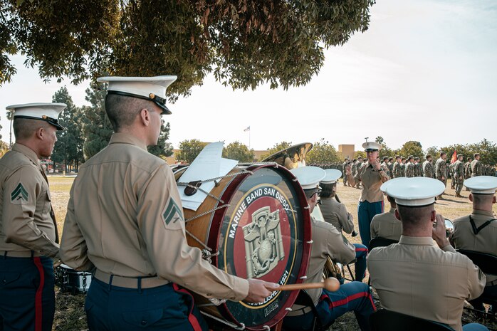 U.S. Marines with Marine Band San Diego, Headquarters and Service Battalion, performs during a cake cutting ceremony at MCRD San Diego California, Nov. 6, 2024. The annual cake cutting ceremony is a long-standing tradition that celebrates the establishment of the United States Marine Corps. The Marine Corps birthday, on Nov. 10, 1775, is celebrated every year to commemorate the birth of the Corps and honor the service of all Marines, past and present. (U.S. Marine Corps photo by Cpl. Sarah M. Grawcock)