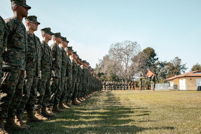 U.S. Marines with Hotel Company, 2nd Recruit Training Battalion, stand at parade rest during a cake cutting ceremony at Marine Corps Recruit Depot San Diego, California, Nov. 6, 2024. The annual cake cutting ceremony is a long-standing tradition that celebrates the establishment of the United States Marine Corps. The Marine Corps birthday, on Nov. 10, 1775, is celebrated every year to commemorate the birth of the Corps and honor the service of all Marines, past and present. (U.S. Marine Corps photo by Cpl. Sarah M. Grawcock)