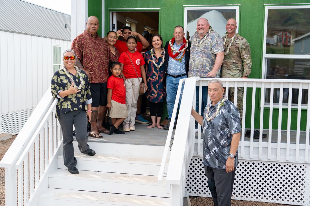 The Folaumoeloa family became the first tenants of the Federal Emergency Management Agency’s Kilohana Group Housing Nov. 22, 2024. Also pictured is Robert Fenton, FEMA Region 9 Administrator; Governor Josh Green, Mayor Richard Bissen, County of Maui; U.S. Representative Jill Tokuda; Council Member Tamara Paltin; and Lt. Col. Collin Jones, U.S. Army Corps of Engineers Maui Wildfires Recovery Field Office Commander.