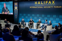 Adm. Samuel J. Paparo, commander of U.S. Indo-Pacific Command, speaks on a panel at the Halifax International Security Forum, Nov. 23, 2024.