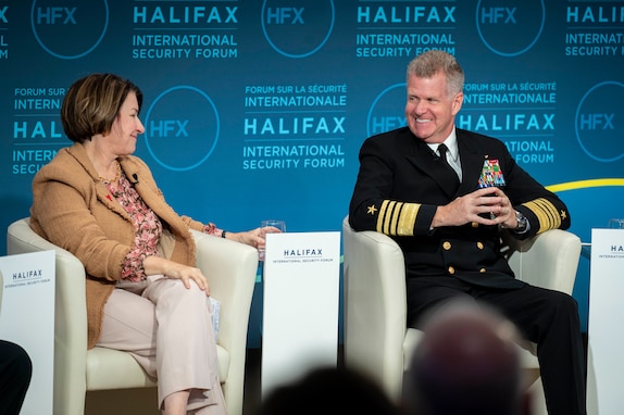 Canada’s Minister of Foreign Affairs Mélanie Joly and Adm. Samuel J. Paparo, commander of U.S. Indo-Pacific Command, speak at  the Halifax International Security Forum, Nov. 22, 2024.