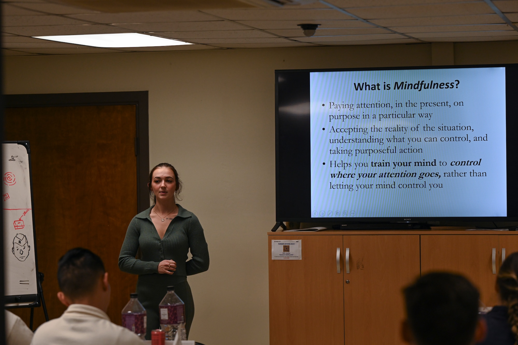U.S. Air Force Staff Sgt. Allie Payne, 8th Fighter Wing master resilience trainer, teaches a lesson on mindfulness during the first resilience training assistant course at Kunsan Air Base, Republic of Korea.