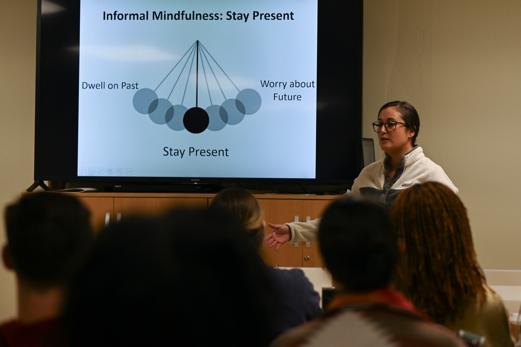 U.S. Air Force Tech. Sgt. Katlin Ayres, 8th Fighter Wing master resilience trainer, teaches a resiliency lesson on mindfulness during the 8th Fighter Wing's first resilience training assistant course at Kunsan Air Base, Republic of Korea.