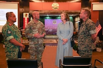 BANDAR SERI BEGAWAN, Brunei (Nov. 25, 2024) – From left to right, Royal Brunei Armed Forces Col. Aldi bin Haji Hassan, deputy joint force commander, RBAF, U.S. Army Col. Russ Corwin, U.S. Defense Attaché to Brunei Darussalam, Her Excellency Caryn R. McClelland, U.S. Ambassador to Brunei Darussalam, and U.S. Marine Corps Col. Stuart W. Glenn, commanding officer, Marine Rotational Force - Southeast Asia, converse after the closing ceremony of Cooperation Afloat Readiness and Training (CARAT) Brunei 2024 at Wira Seni Hall, RBAF Band, Bolkiah Garrison, Brunei, Nov. 25. This year marks the 30th iteration of CARAT, a multinational exercise series designed to enhance U.S. and partner navies’ abilities to operate together in response to traditional and non-traditional maritime security challenges in the Indo-Pacific region. (U.S. Navy Photo by Mass Communication Specialist 2nd Class Zachary Grooman)