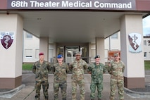 From left to right: LTC Christian Hilleke, Branch Head Operations/Plans, MMCC-E,  Brigadier General (BG) (Dr.) Von Uslar, Director, MMCC-E, Colonel (COL) Tracy Michael, Commander, 68th Theater Medical Command (TMC)COL Jurgen Muntenaar, Deputy, Director NATO Matters, MMCC-E,	CSM Kyle Burnell, Senior Enlisted Advisor (SEL), 68th TMC