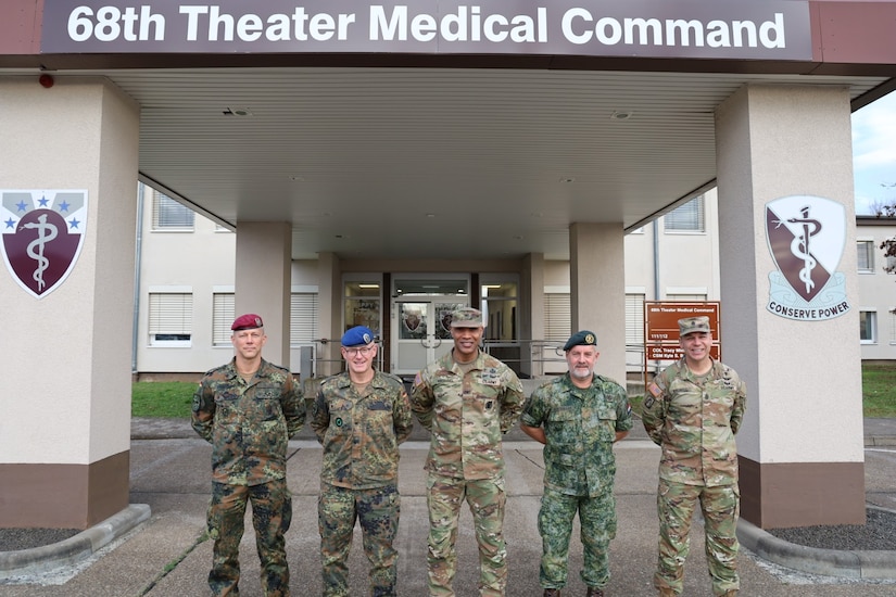 From left to right: LTC Christian Hilleke, Branch Head Operations/Plans, MMCC-E,  Brigadier General (BG) (Dr.) Von Uslar, Director, MMCC-E, Colonel (COL) Tracy Michael, Commander, 68th Theater Medical Command (TMC)COL Jurgen Muntenaar, Deputy, Director NATO Matters, MMCC-E,	CSM Kyle Burnell, Senior Enlisted Advisor (SEL), 68th TMC