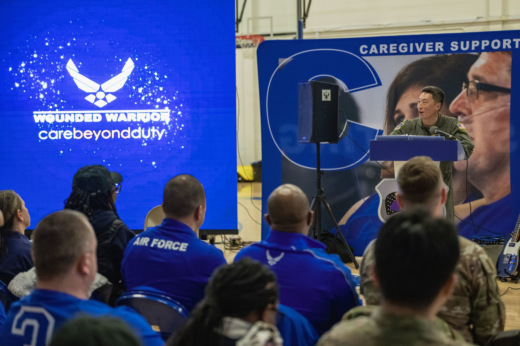 Colonel Jun S. Oh speaks at the closing ceremony of the Air Force Wounded Warrior Northeast CARE event.