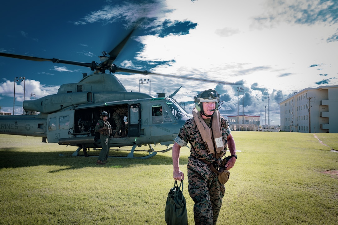The 39th Commandant of the Marine Corps, Gen. Eric M. Smith, departs an UH-Y Venom at Marine Corps Base Camp Schwab on Okinawa, Japan, Sept. 6, 2024. General Smith visited Camp Schwab to receive updates on their training, modernization efforts, and to speak with Marines and recognize their accomplishments. (U.S. Marine Corps photo by Staff Sgt. Kelsey Dornfeld)
