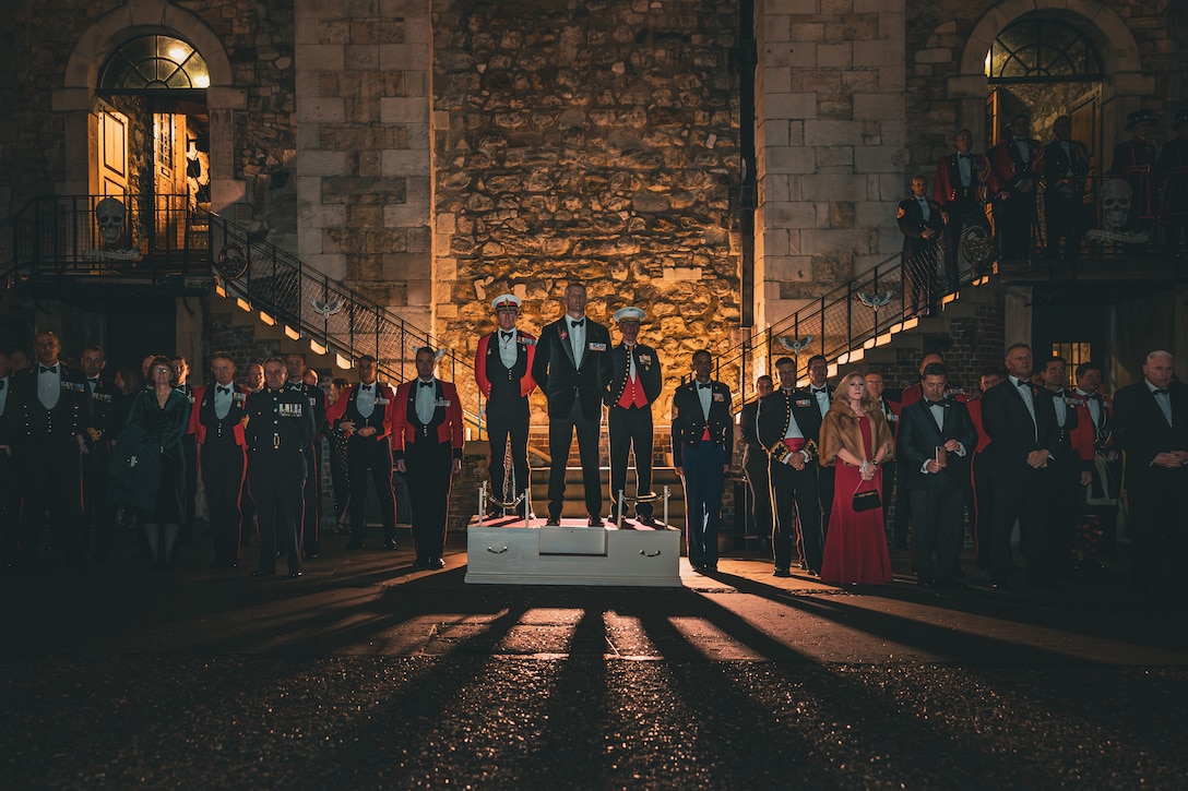 The 39th Commandant of the U.S. Marine Corps, Gen. Eric M. Smith (right), participates in the Royal Marines 360th Birthday celebration ceremony alongside the Commandant of the Royal Marines Gen. Gwyn Jenkins (left) and Sir Alistair Carns, Minister of State for Veterans Affairs, at the Tower of London in London, United Kingdom on Oct. 24, 2024. General Smith took the salute during celebration’s ceremony. (U.S. Marine Corps photo by Staff Sgt. Kelsey Dornfeld)