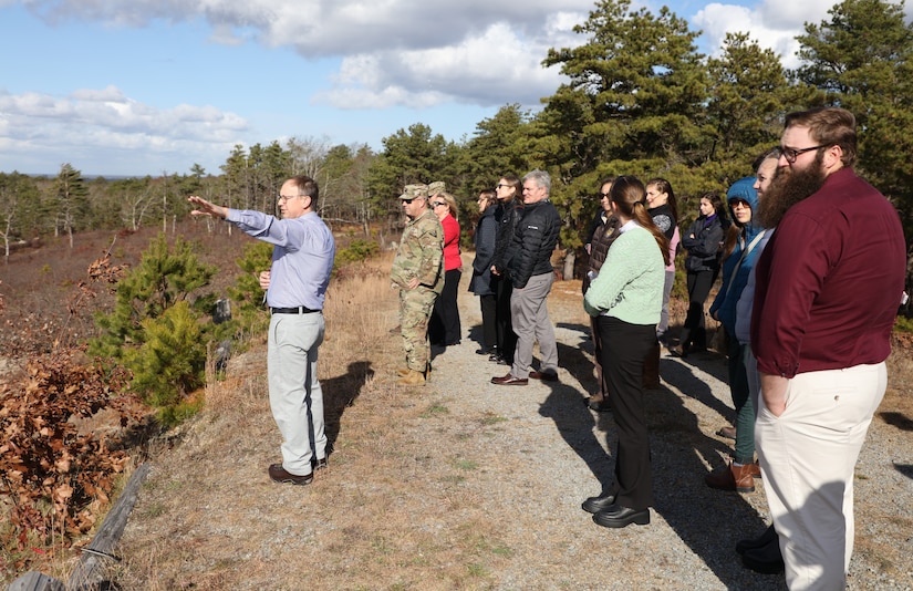 Jake McCumber, program manager, Massachusetts Army National Guard Natural Resources & Training Lands Program, highlights conservation achievements at Camp Edwards Training Site Nov. 22, 2024. The U.S. Fish and Wildlife Service presented his team with the 2024 Northeast Region Military Conservation Partner Award.