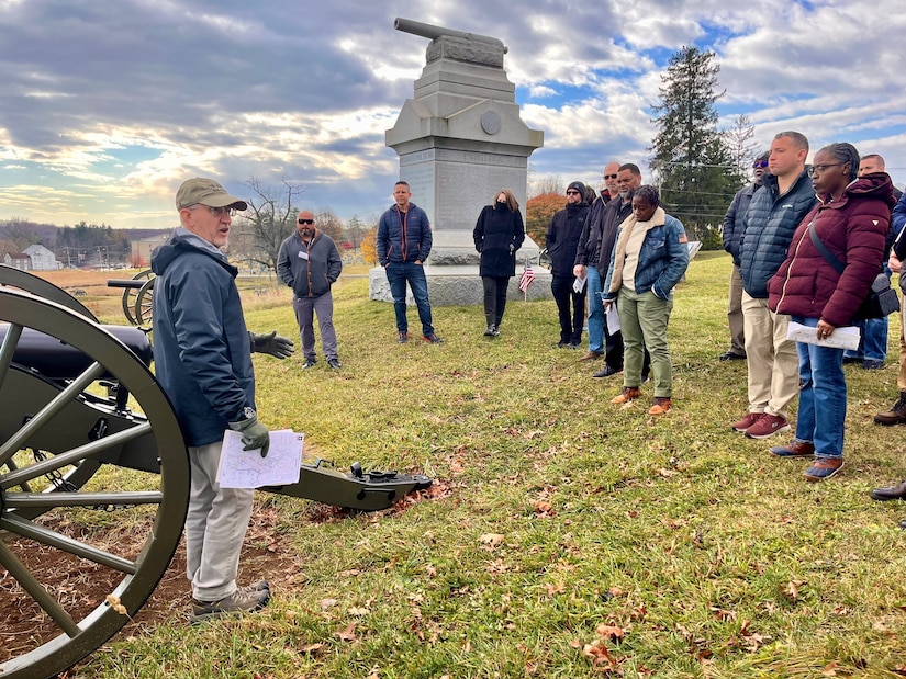 U.S. Army War College Provost Dr. David Dworak, left, guides AMLC team members during a battle staff ride to Gettysburg, Pennsylvania, on Nov. 21. The tour was part of AMLC’s Commander’s Forum held Nov. 18-21. (Photo Credit: Ellen Crown)
