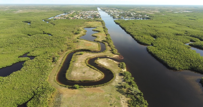 Aerial photo of the Manatee Mitigation Feature along the Faka Union Canal below Tamiami Trail.