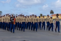 U.S. Marines with Mike Company, 3rd Recruit Training Battalion, march in formation during a graduation ceremony at Marine Corps Recruit Depot San Diego, California, Nov. 15, 2024. Graduation took place at the completion of the 13-week transformation, which included training for drill, marksmanship, basic combat skills, and Marine Corps customs and traditions. (U.S. Marine Corps photo by Lance Cpl. Jacob B. Hutchinson)