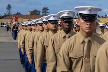 U.S. Marines with Mike Company, 3rd Recruit Training Battalion, march in formation during a graduation ceremony at Marine Corps Recruit Depot San Diego, California, Nov. 15, 2024. Graduation took place at the completion of the 13-week transformation, which included training for drill, marksmanship, basic combat skills, and Marine Corps customs and traditions. (U.S. Marine Corps photo by Lance Cpl. Jacob B. Hutchinson)