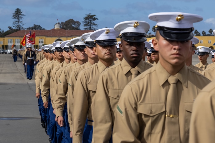 U.S. Marines with Mike Company, 3rd Recruit Training Battalion, march in formation during a graduation ceremony at Marine Corps Recruit Depot San Diego, California, Nov. 15, 2024. Graduation took place at the completion of the 13-week transformation, which included training for drill, marksmanship, basic combat skills, and Marine Corps customs and traditions. (U.S. Marine Corps photo by Lance Cpl. Jacob B. Hutchinson)