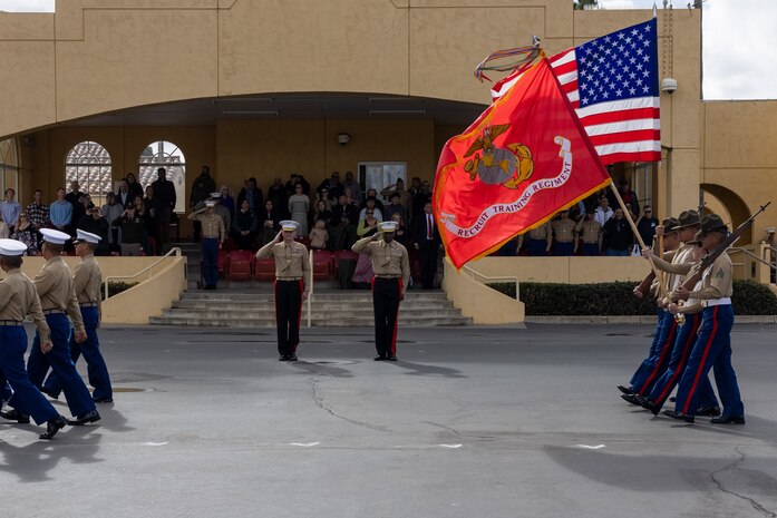 U.S. Marine Corps Maj. Gen. Robert Fulford, commanding general 1st Marine Division, left and Brig. Gen. James A. Ryans III, commanding general, Marine Corps Recruit Depot, Western Recruiting Region, right participate in a graduation ceremony at Marine Corps Recruit Depot San Diego, California, Nov. 15, 2024. Graduation took place at the completion of the 13-week transformation, which included training for drill, marksmanship, basic combat skills, and Marine Corps customs and traditions. (U.S. Marine Corps photo by Lance Cpl. Jacob B. Hutchinson)