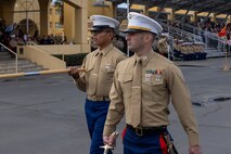 U.S. Marine Corps Capt. Michael Held, follow series commander with Mike Company, 3rd Recruit Training Battalion, participates in a graduation ceremony at Marine Corps Recruit Depot San Diego, California, Nov. 15, 2024. Graduation took place at the completion of the 13-week transformation, which included training for drill, marksmanship, basic combat skills, and Marine Corps customs and traditions. (U.S. Marine Corps photo by Lance Cpl. Jacob B. Hutchinson)