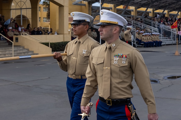 U.S. Marine Corps Capt. Michael Held, follow series commander with Mike Company, 3rd Recruit Training Battalion, participates in a graduation ceremony at Marine Corps Recruit Depot San Diego, California, Nov. 15, 2024. Graduation took place at the completion of the 13-week transformation, which included training for drill, marksmanship, basic combat skills, and Marine Corps customs and traditions. (U.S. Marine Corps photo by Lance Cpl. Jacob B. Hutchinson)