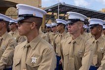 U.S. Marines with Mike Company, 3rd Recruit Training Battalion, march in formation during a graduation ceremony at Marine Corps Recruit Depot San Diego, California, Nov. 15, 2024. Graduation took place at the completion of the 13-week transformation, which included training for drill, marksmanship, basic combat skills, and Marine Corps customs and traditions. (U.S. Marine Corps photo by Lance Cpl. Jacob B. Hutchinson)